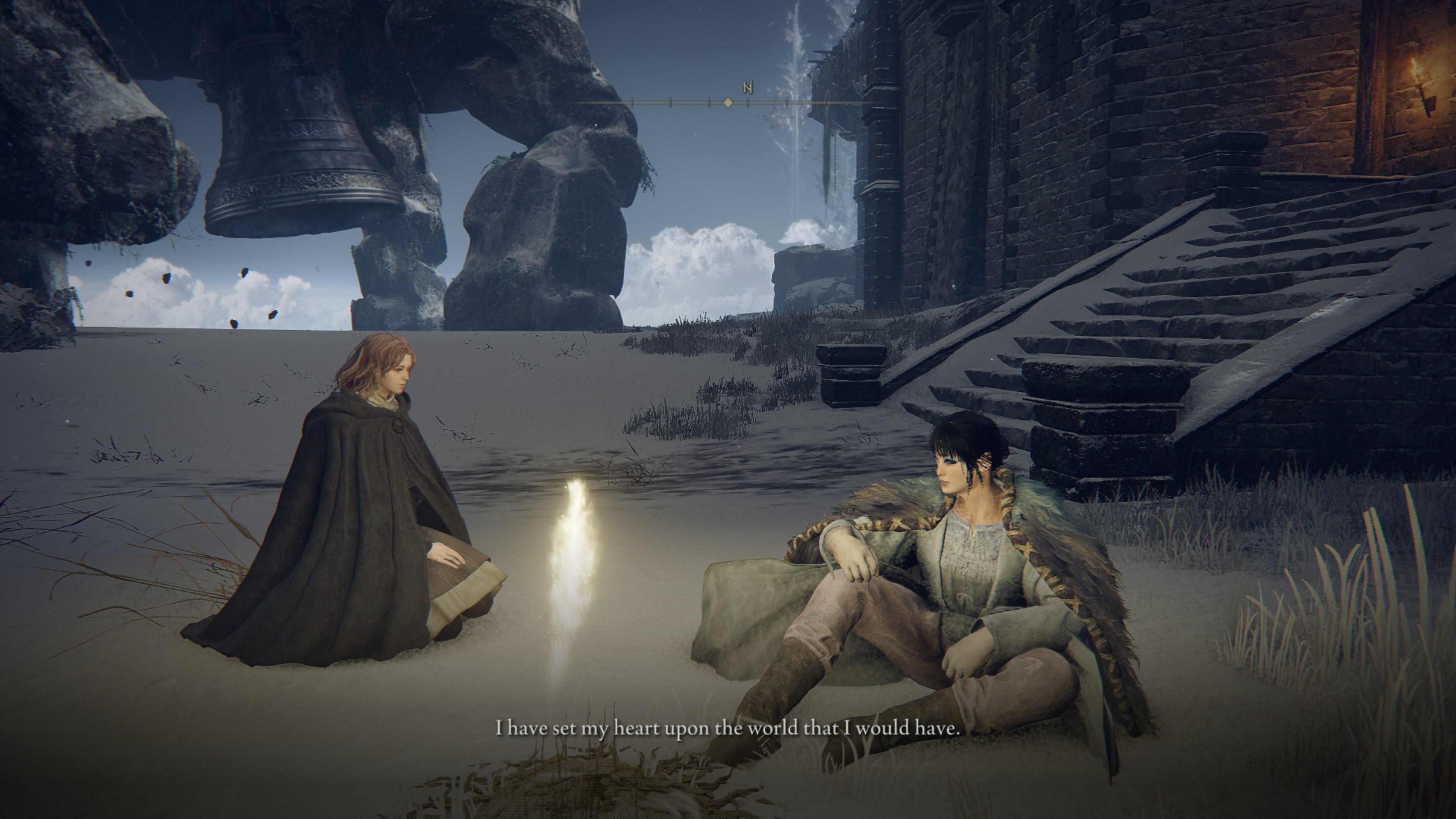 my girl, black hair and in the snow witch cloak, talking to melina, who says, 'i have set my heart upon the world that i would have.'